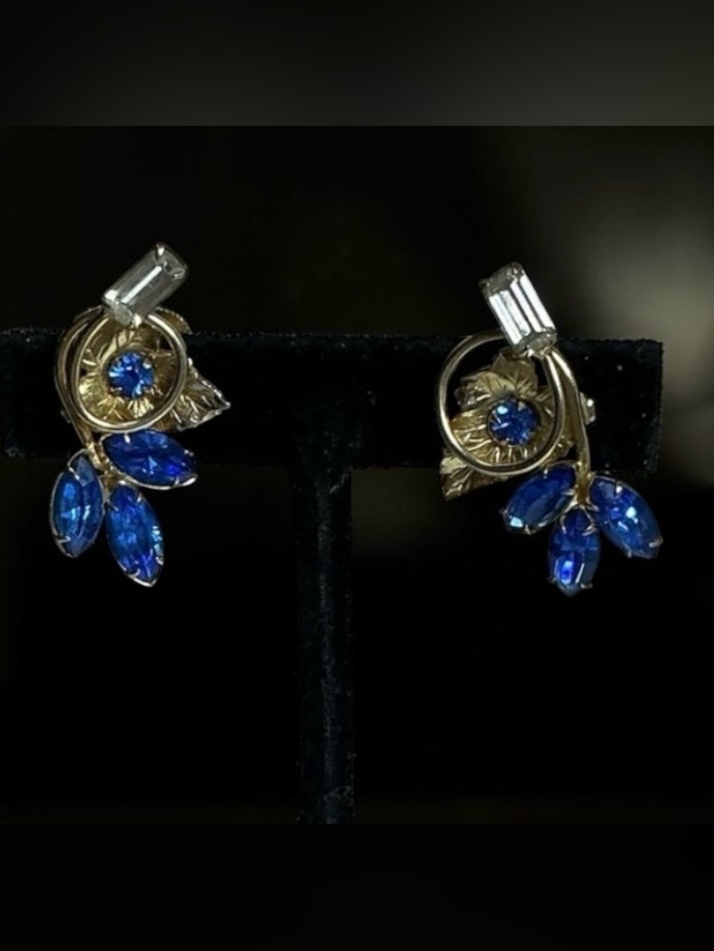 Vintage Royal Blue Floral Rhinestone Earrings